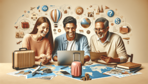 A joyful Caucasian woman, an Asian man, and a Hispanic man gathered around a table, enthusiastically planning a budget-friendly trip with laptops and travel brochures. The table is adorned with maps, suitcases, and budget price tags, creating an adventurous atmosphere filled with excitement and camaraderie as they prepare for their journey.