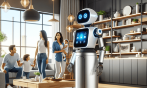 A modern, sleek robot with a friendly design is navigating a stylish contemporary living room filled with smart home devices. The room features minimalistic furniture and warm lighting. A Hispanic family, consisting of two adults and two children, interacts joyfully with the robot, showcasing a sense of comfort and connection. The adults are smiling, while one child curiously observes the robot's features, and the other is playfully reaching out to touch it. The scene conveys a harmonious blend of technology and family life, emphasizing the robot's role in enhancing everyday convenience.